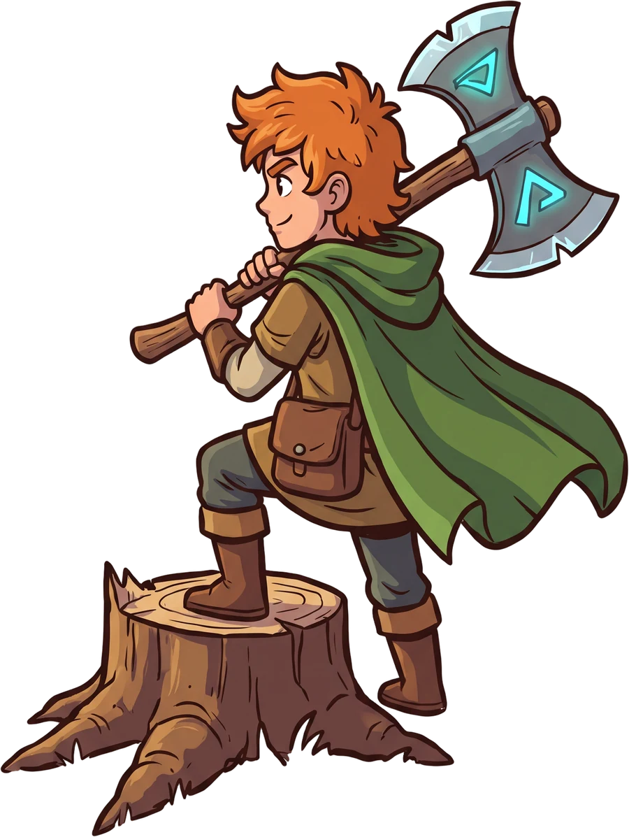 A young woodcutter in a green cloak stands on a tree stump with a glowing-rune axe over his shoulder