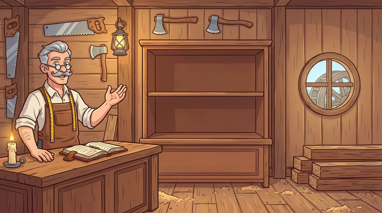 Hollis the shopkeeper waving from behind his counter in the Rootbound Exchange