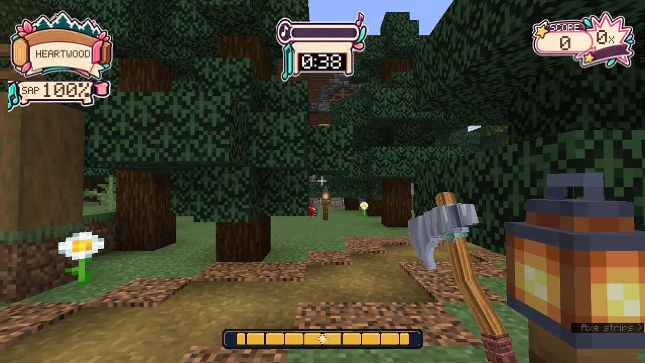 Live Minecraft capture: a player mid-song at a tree in the Rootbound Exchange, with the Heartwood song HUD showing score and timer
