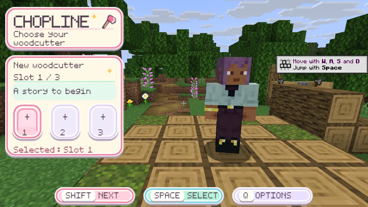 The character select screen with three woodcutter slots